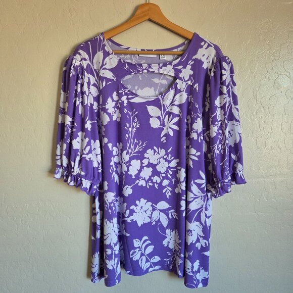 Susan Graver Printed Liquid Puff Sleeve Keyhole Top Lavender Floral Size 2X Plus - Picture 1 of 8
